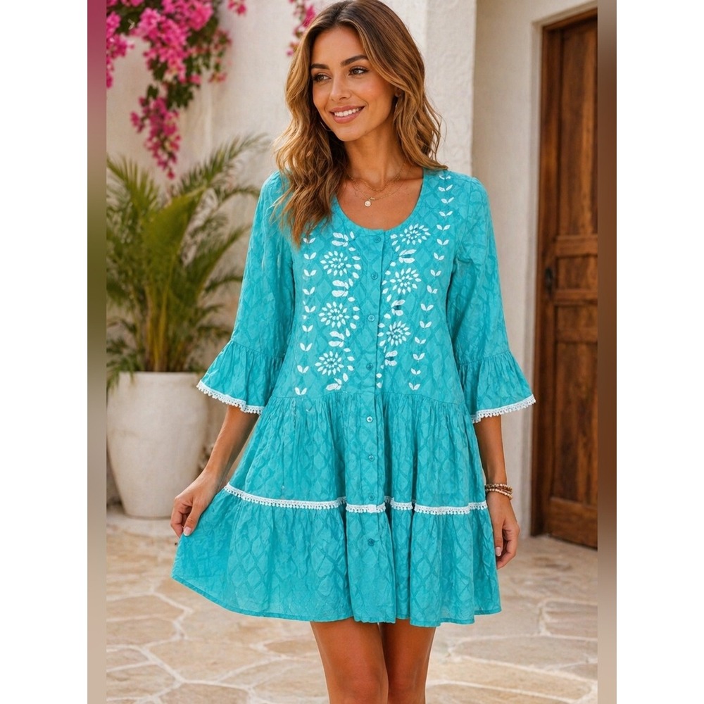 Moda Posa Turquoise Embroidered Tiered Midi Dress Size M‎
